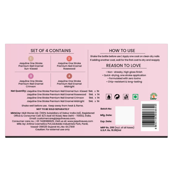 Jaquline USA One Stroke 4 In 1 Nail Kit, Long Lasting, Chip Resistant, Vegan, Quick Dry & Cruelty-Free Glossy Finish Nail Paint- 20Ml