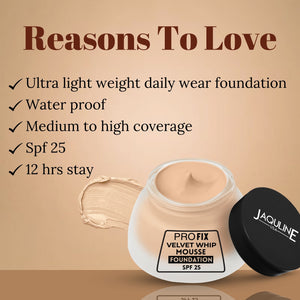 Jaquline USA PRO FIX Velvet Whip Mousse Foundation, Weightless Smooth Velvet touch, Flawless Matte Finish, Ivory 01