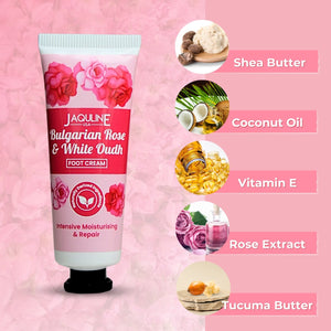 Jaquline USA Bulgarian Rose & White Oudh Foot cream- Provides Intensive Moisturization, heals cracked heels, makes feet soft & supple-30gm