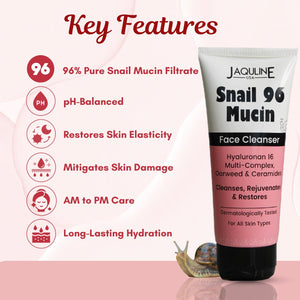 Jaquline USA Snail Mucin Face Cleanser 100ml, Non-Drying Formula, pH-Balanced, Long-Lasting Hydration, Deeply Cleanses Skin & Restores Skin Barrier for Glowing Skin
