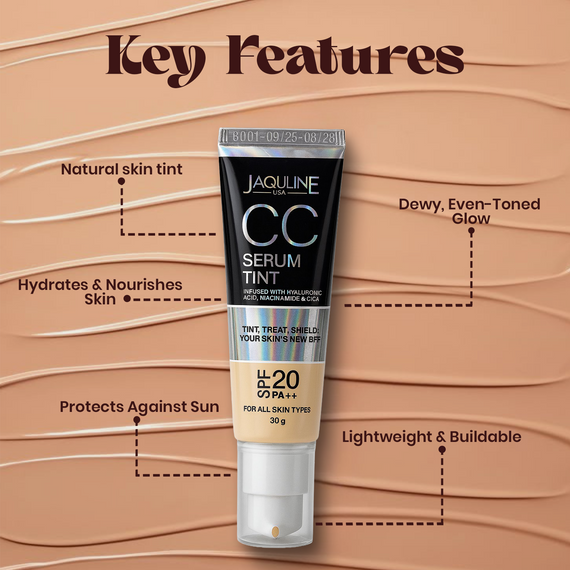 Jaquline USA CC Serum Tint 30g – Hydrating Tinted Serum with SPF, Niacinamide & Hyaluronic Acid, Beige 01