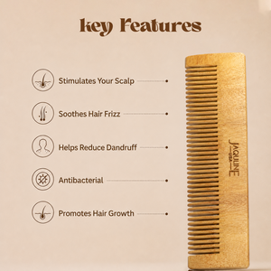 JAQULINE USA Neem Wood Hair Comb with Handle Wooden Comb for Hair Growth Anti Dandruff Scalp Massage Frizz Control Detangling Natural Neem Comb for Men Women All Hair Types Eco Friendly