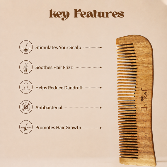 JAQULINE USA Neem Wood 2 in 1 Hair Comb Dual Tooth Wide & Fine Tooth Wooden Comb for Detangling Hair Growth Anti Dandruff Scalp Massage Frizz Control Natural Comb for Men Women