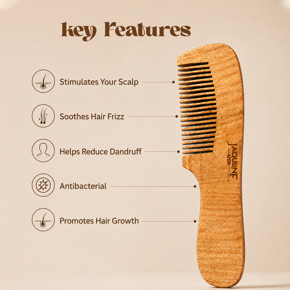 JAQULINE USA Neem Wood Hair Comb with Handle Wooden Comb for Hair Growth Anti Dandruff Scalp Massage Frizz Control Detangling Natural Neem Comb for Men Women All Hair Types Eco Friendly