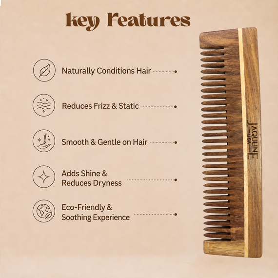 JAQULINE USA Rosewood Wooden Grooming Comb for Anti Frizz Detangling, Smooth Teeth Scalp Massage Hair Care Tool for Men & Women