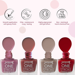 Jaquline USA One Stroke 4 In 1 Nail Kit, Long Lasting, Chip Resistant, Vegan, Quick Dry & Cruelty-Free Glossy Finish Nail Paint- 20Ml