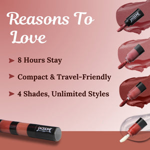 Jaquline USA Stack Attack 4 in 1 Liquid Lipstick-Boss Bold (Bold Pink+ Bold Brown+ Bold Red+ Transparent Gloss) 4ml |Light Weight |Long Lasting Hydration |8 Hrs Stay