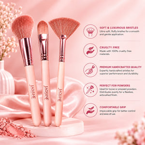 Jaquline USA Face Makeup Brush Kit, Set of 3 | Foundation, Blush & Fan Brushes | Soft Handcrafted Brushes