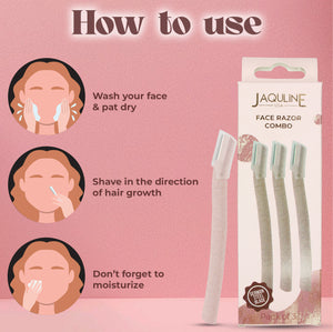 JAQULINE USA Face Razor for Women, Dermaplaning Tool for Eyebrows & Peach Fuzz, Pack of 3