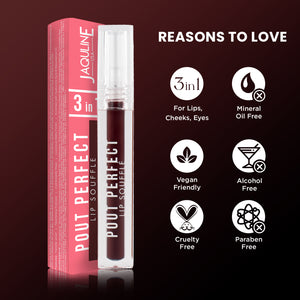 Jaquline USA Pout Perfect Lip Souffle, long lasting Liquid Lipstick, Matte Finish & Smooth Texture, Transfer Proof & Enriched with Hyaluronic Acid & Macadamia Oil |Mulberry Mousse- 6ml