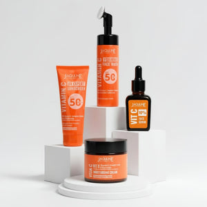 JAQULINE USA Vitamin C Radiance Essentials skin care kit | Vitamin C Face Wash, Face Serum, Moisturiser, UV Expert Sunscreen | Brightening & Hydrating Skin
